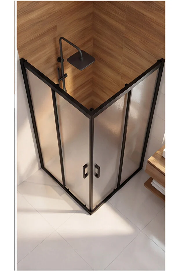 Duşakabin Kare Siyah Buzlu Temperli Cam Sürgülü Kapılı Duşakabin 5 mm 190 cm Teknesiz